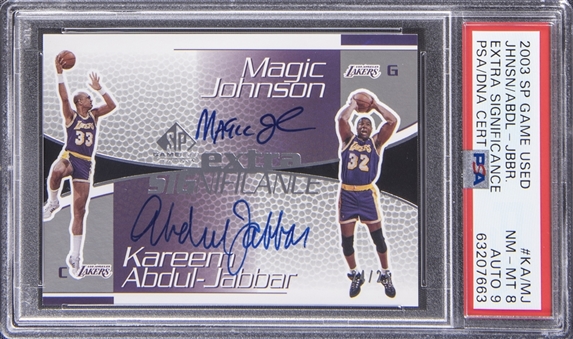 2003 SP Game Used Edition "Extra Significance" #KA-MJ Magic Johnson & Kareem Abdul-Jabbar Dual Signed Card (#24/25) - PSA NM-MT 8, PSA/DNA 9